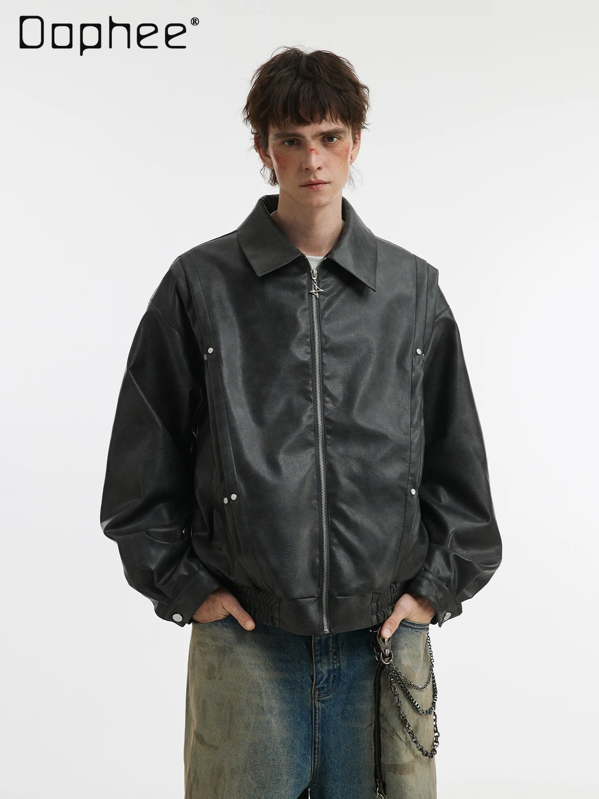 

2025 Spring and Autumn New Rivet Turn-down Collar Coffee Leather Jacket American Retro Street Style Dark Gray Leather Jacket