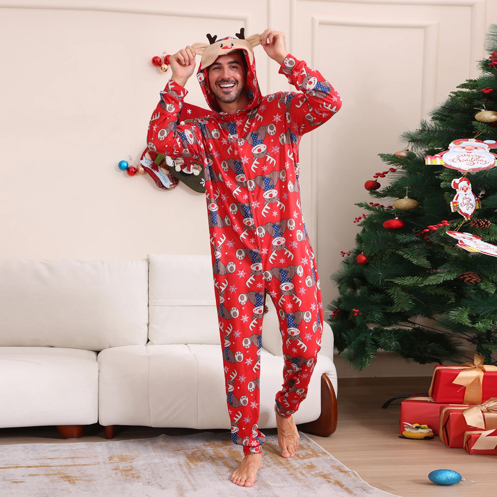 Happy Christmas Matching Family Pajamas All Reindeer Print Cute Loose Sleepwear One-piece Suit Romper Xmas Party Look Costumes