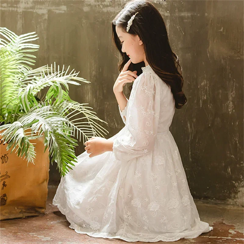 Kids Dresses Teenage White Wedding Party Lace Girl Dress Long Sleeve Children Carnival Spring Autumn 4 6 7 8 11 Years Clothes