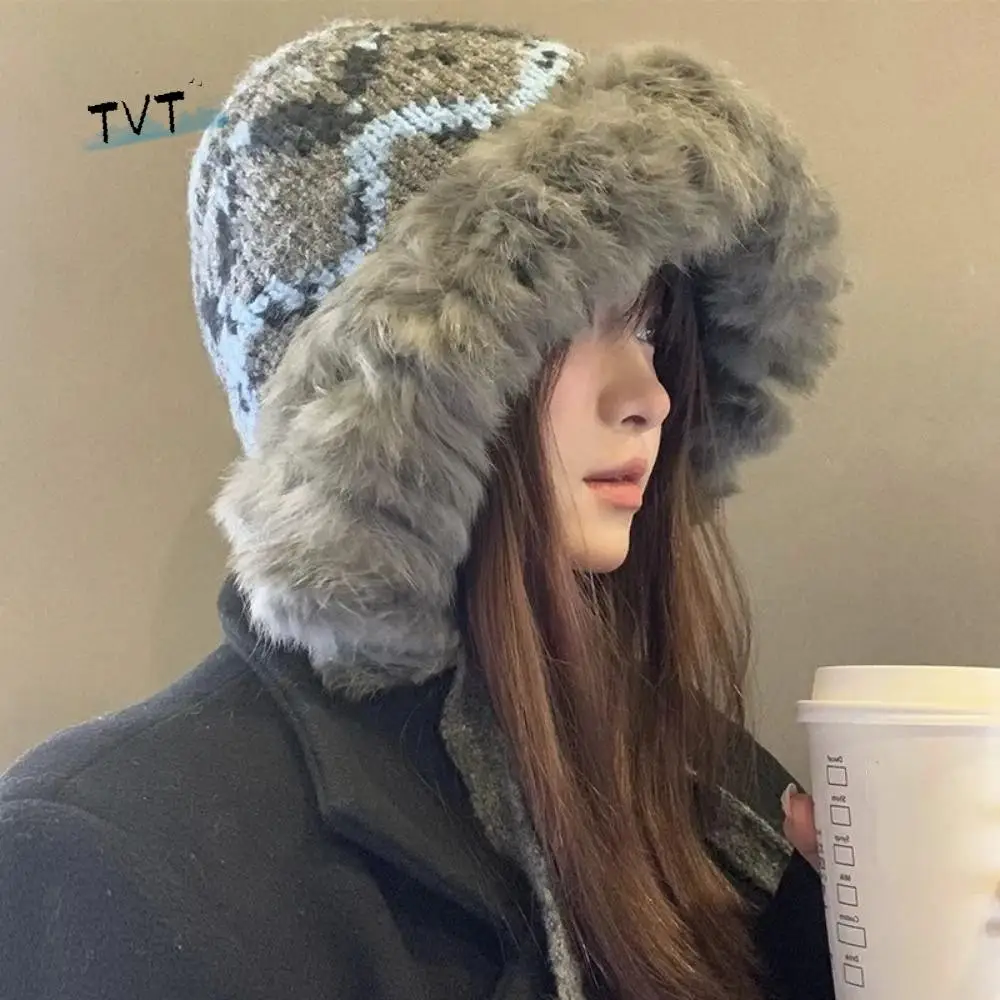 

Casual Ethnic Style Knitted Plush Hat Thicken Windproof Faux Fur Lei Feng Hat Warm Retro Pullover Beanie Hat Outdoor