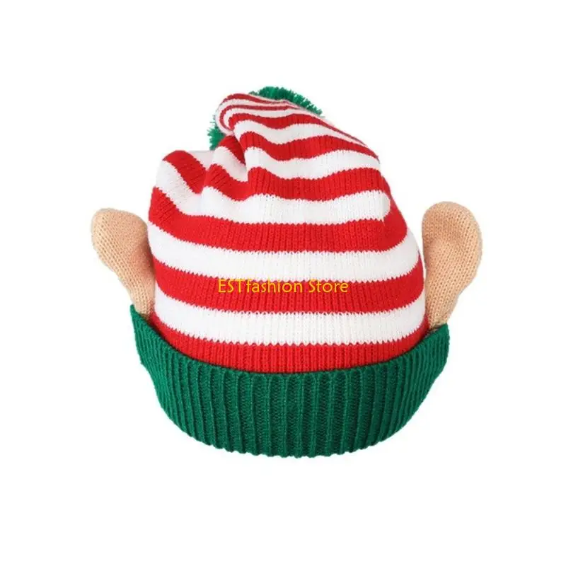 Y5GC Holiday Themed Knitted Hats striped With Ear Winter Caps Pattern Soft Acrylic Unisex Design Christmas Festivities