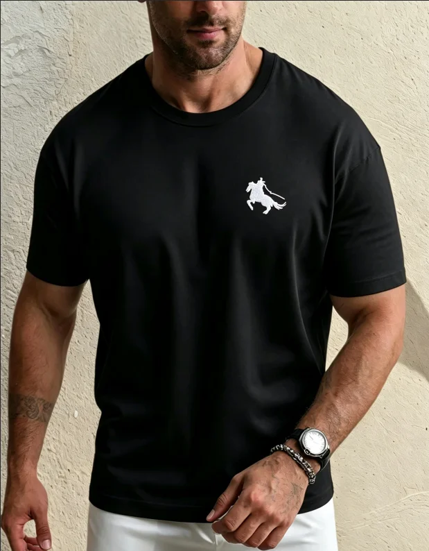 2026 Summer Vintage Oversized Graphic T‑Shirt For Adults Kids Minimal Horse Chest Logo Art Loose Short Sleeve Street Tee