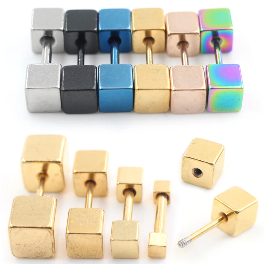 Alisouy 2pcs 2/3/4/5mm Width Cube Square Blocks Dumbbell Stainless steel Punk Women Men Screw Back Pierced Ear Stud Earrings