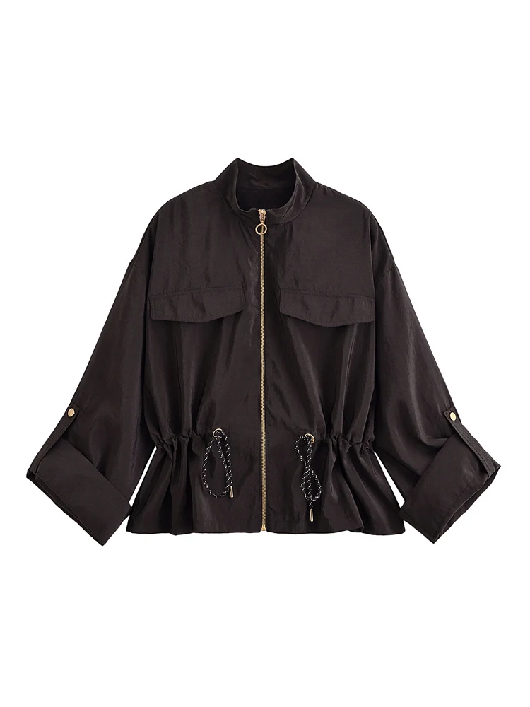 

Новая женская мода в европейском стиле, универсальная темпераментная однотонная рабочая одежда с воротником-стойкой, куртка на талии с завязками