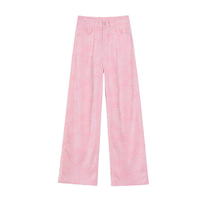 Women's Lyocell Floral Jacquard Loose Straight Jeans High Waist Ultra Soft Thin Denim Pink Tonal Flower Breathable Summer Casual