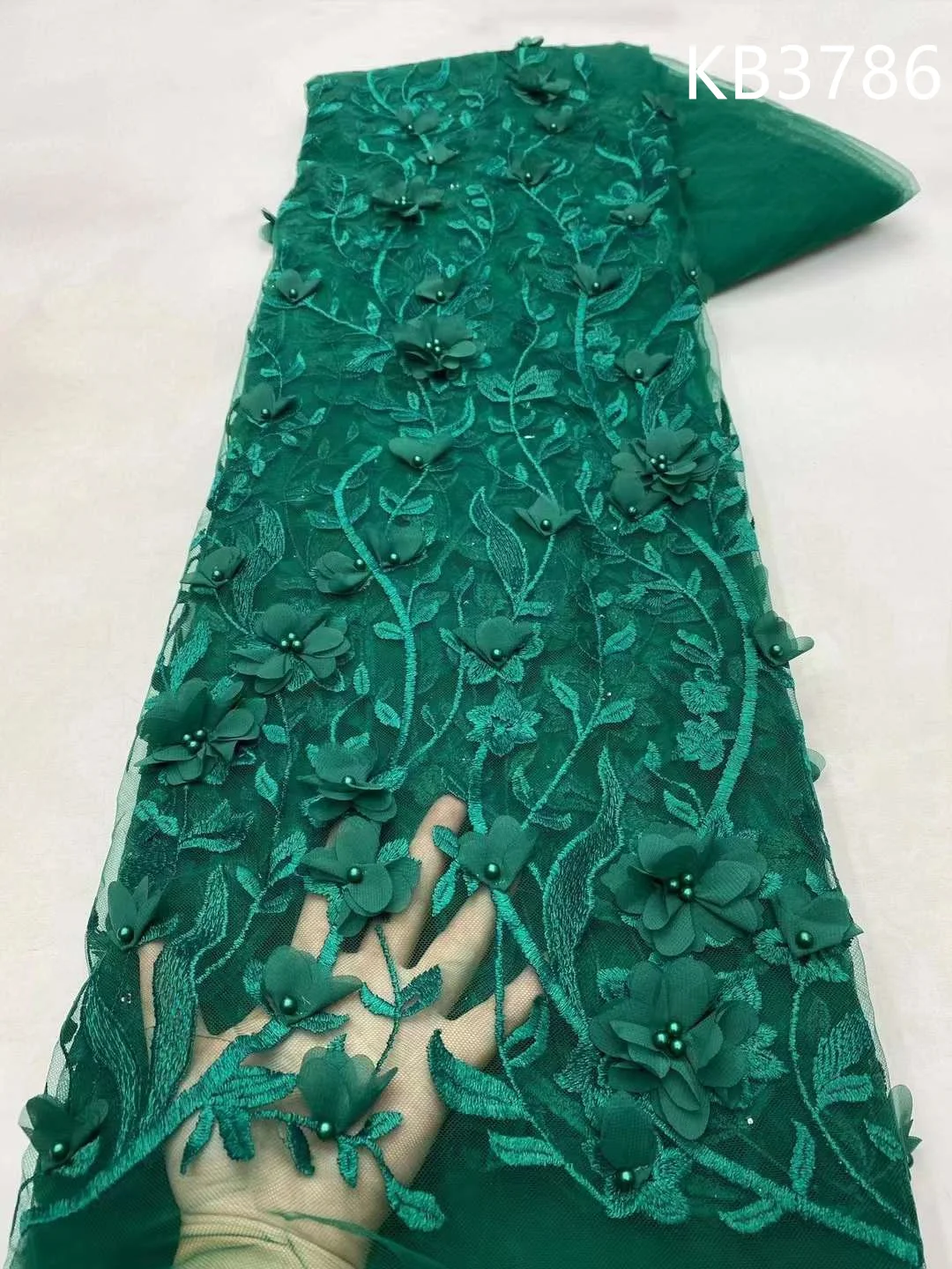 Fashion African Beads Embroidery Lace Latest Lace Fabric High Quality 2024 Green 3D Flower Lace Fabric for Wedding Dress KB3786