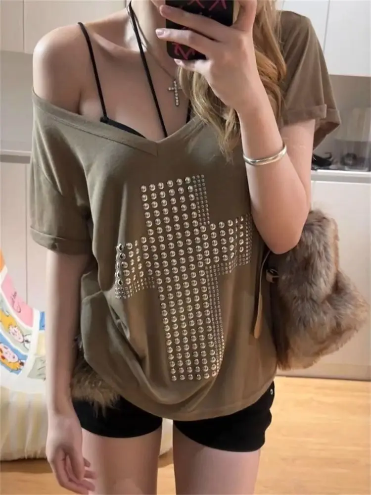 

Onalippa Sweet Spicy Girl Short Sleeved Women T-shirt 2026 New Summer Transparent V-neck American Spicy Girl Cross Shoulder Top