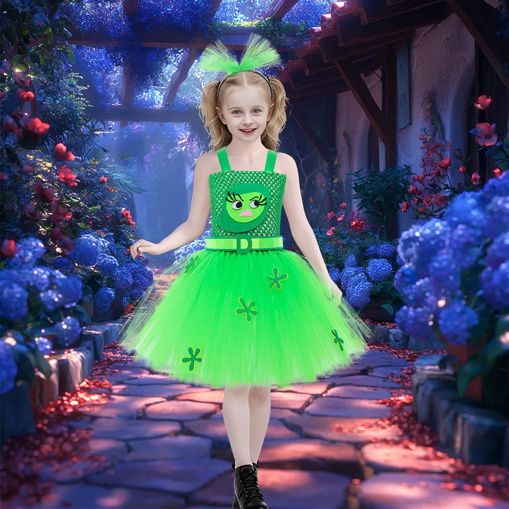 Girl Green Dress Disgust Fancy Dress Kids Emotion Costume Tutu Dress Inside Children Halloween Costume for Girl Birthday Outfit