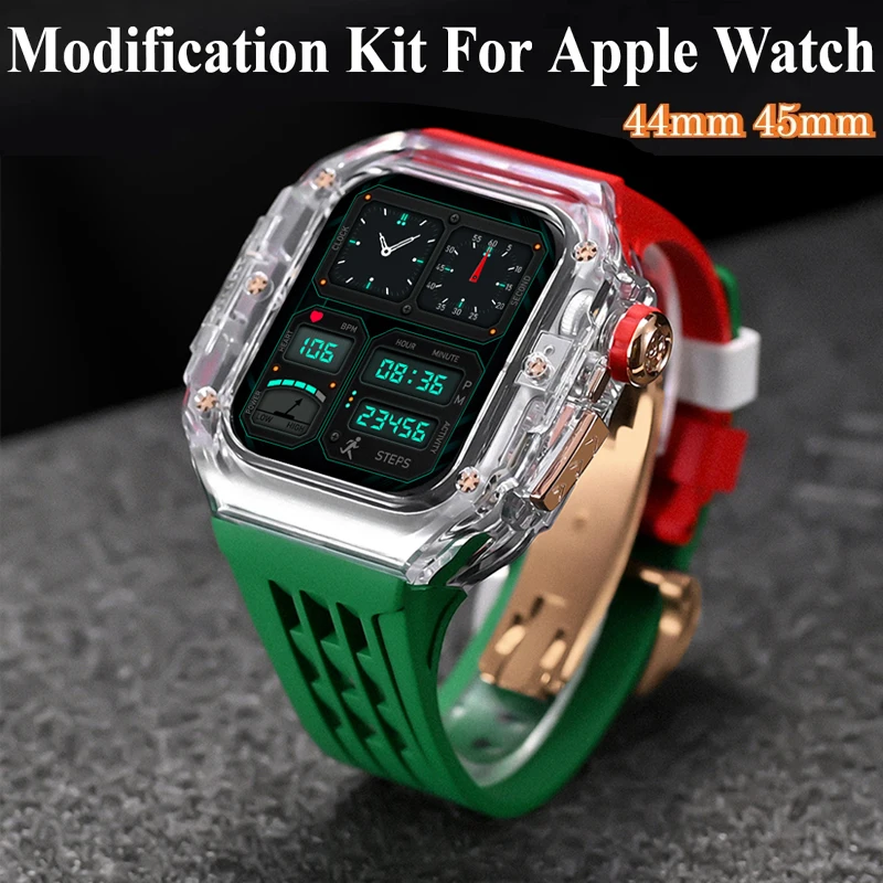 

Luxury Modification Kit for IWatch Series 9 8 7 6 5 4 SE 45MM 44MM Transparent Case+Rubber Strap for Apple Watch 9 45mm Mod Band