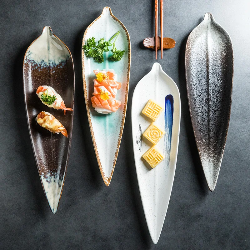 

Japanese Style Long Leaf Plate Leaf Shaped Ceramic Plate Sushi Plate Restaurant Creative Plate Vegetable Flat Plate