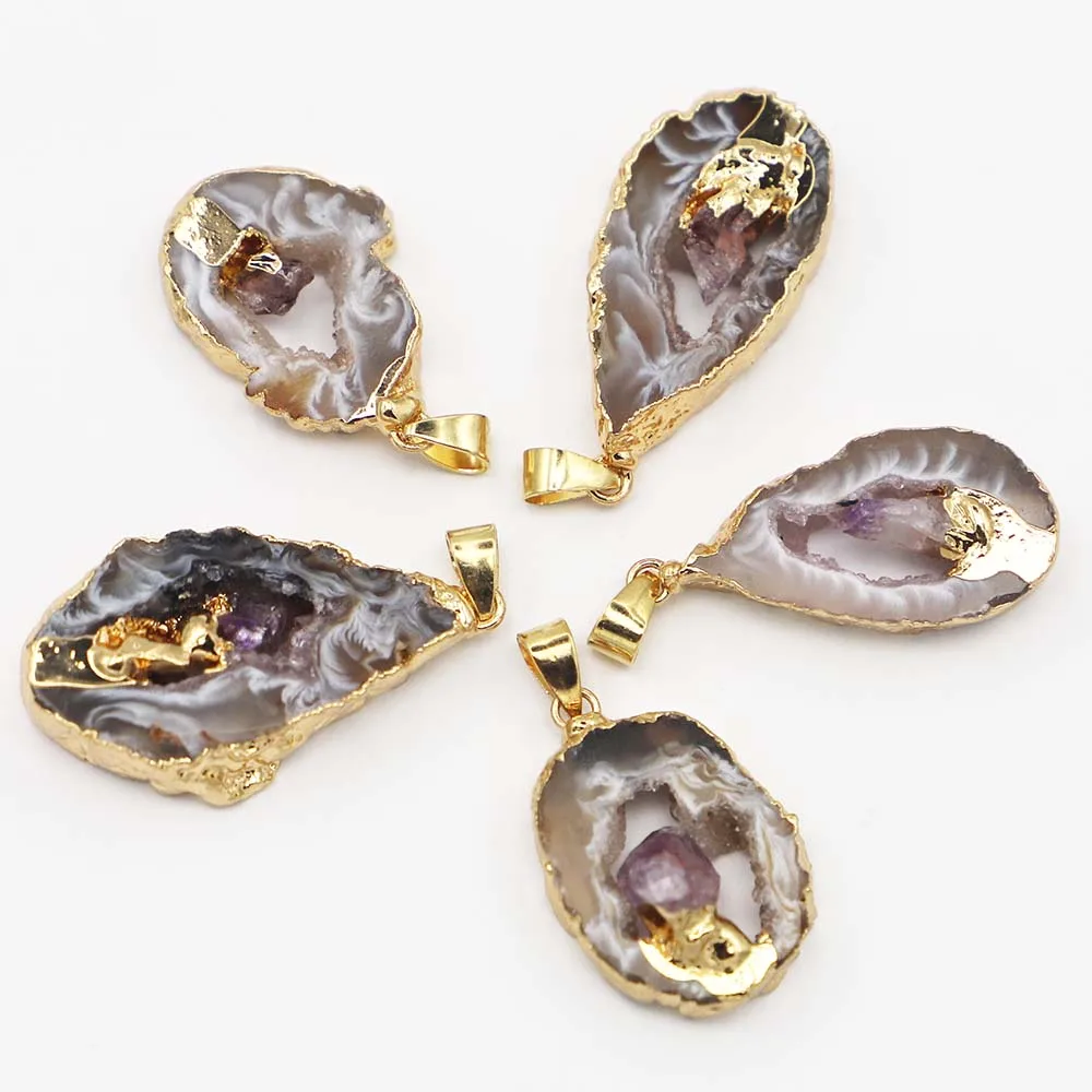 

Natural Stone Irregular Grey Agate Necklace Druzy Amethysts Pendants Reiki Charms Fashion DIY Jewelry Accessories Wholesale 4Pcs