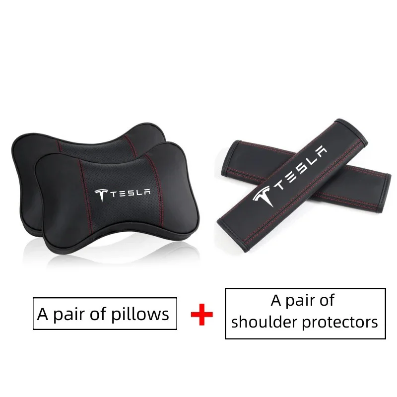 Leather Car Headrest Neck Pillow Seatbelt Shoulder Pad Interior Accessories For Tesla Model 3 Model S X Model Y Roadster SpaceX