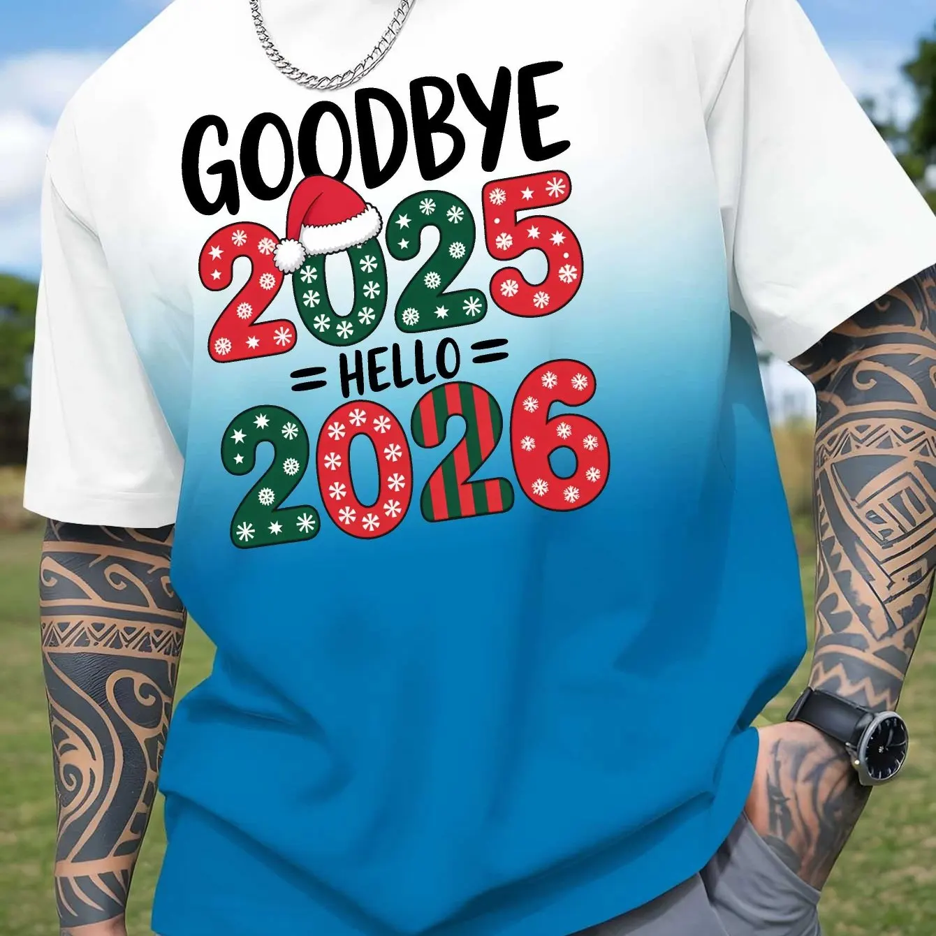 وداعا 2025 مرحبا 2026 الرجال تي شيرت الترفيه موضة التدرج طباعة قصيرة الأكمام عيد الميلاد السنة الجديدة كرنفال حفلة الرجال الملابس