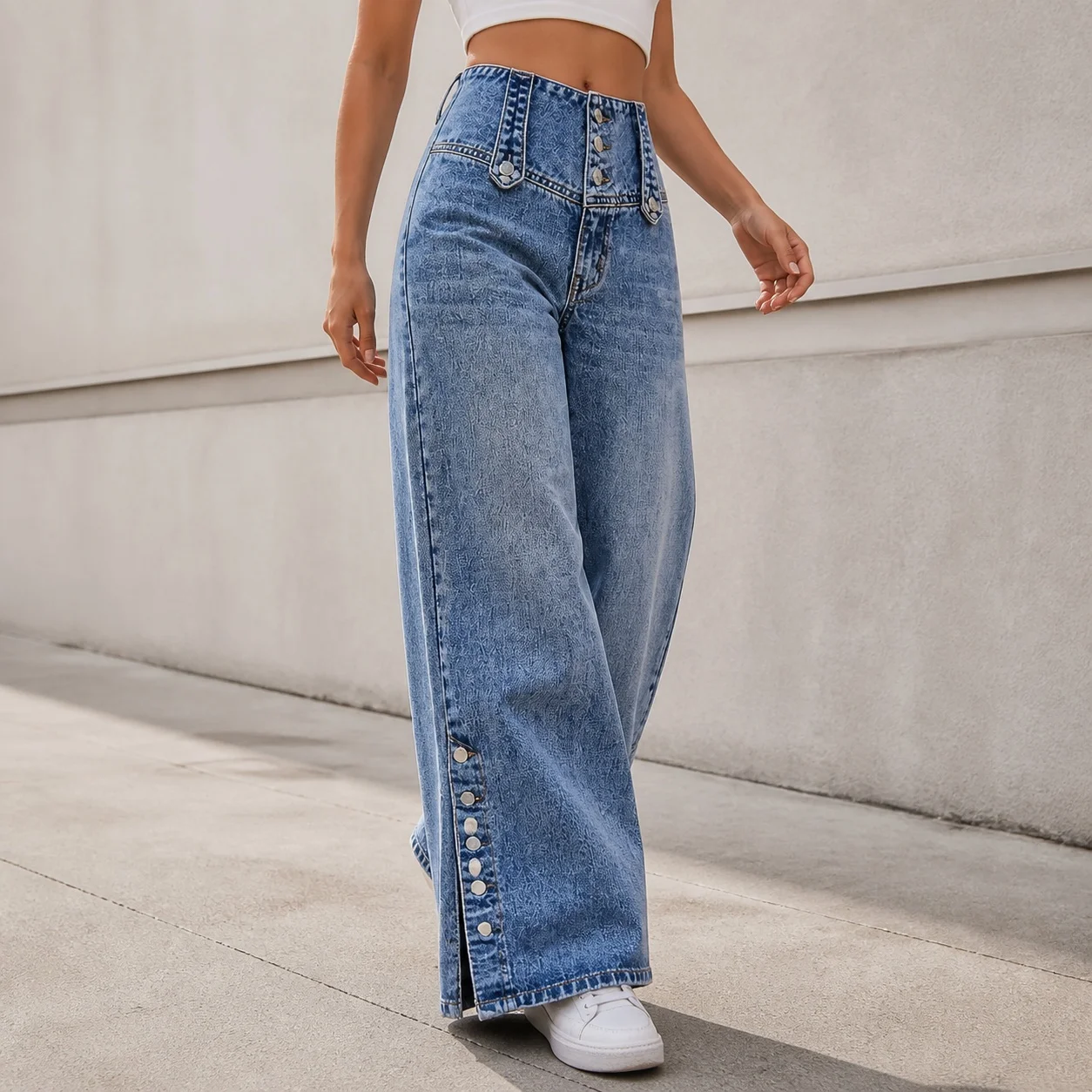 Women's Y2K Baggy High Waist Flared Hem Button Detail Washed Cotton Long Street Style Jeans for Women Y2K Clothes with Metallic