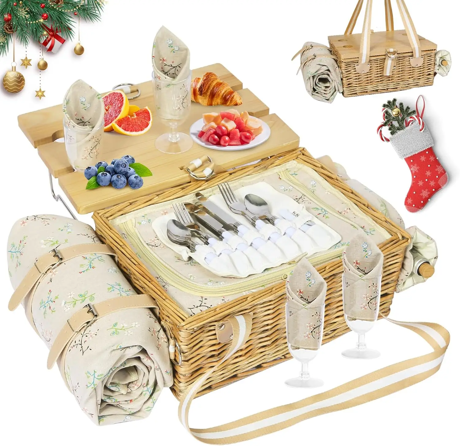 Picnic Basket for 4 with Folding Table, Wicker Hamper, Waterproof Blanket, Wine Pouch, Insulated Cutlery Kit – Camping, Couples,