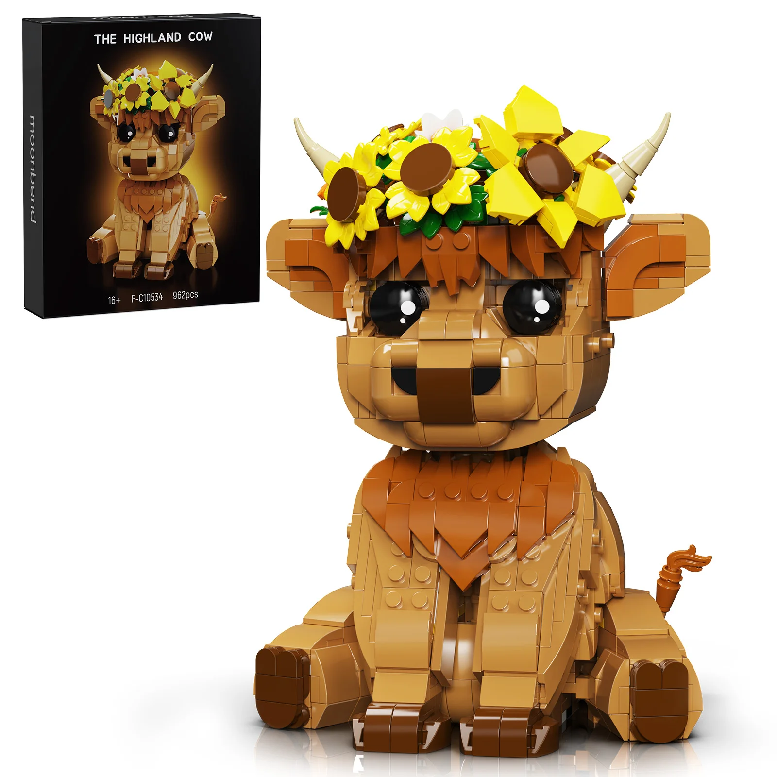 Highland Cow Building Set Scottish Cattle Animal Toy Model Sunflower Ring Plateau Cow Home Decor Blocks Christmas Gift for Adult