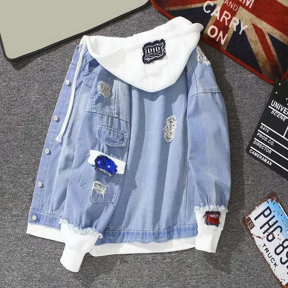 Jean Jacket Fake Two Piece Hooded Contrast Color Streetwear Spring Autumn Loose Single Breasted Outerwear Coat for Outdoor