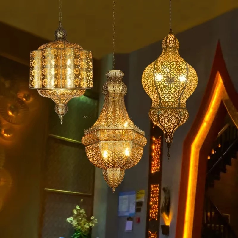 Arabian Style Carved Iron Vintage Brass Chandelier Retro Loft Kitchen Pendant Light for Indoor Outdoor Garden Classic Hollow