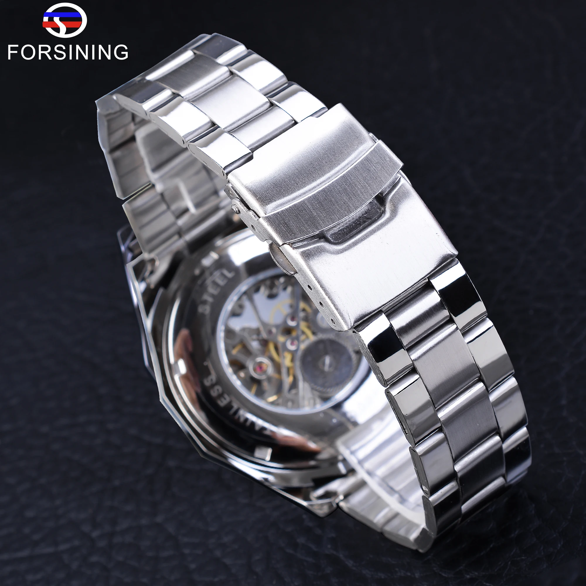 2021 Forsining Top Brand Full Stainless Steel Waterproof Mens Skeleton Watches Luxury Transparent Mechanical Sport Male Wrist