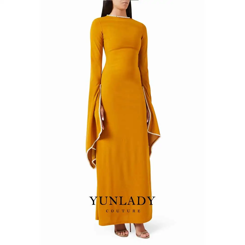 

YUNLAN Sexy Lady Black Round Neckline Backless Style Lrregular Design Dresse Long Sleeve Floor-Length Luxury Dubai Ball Gown