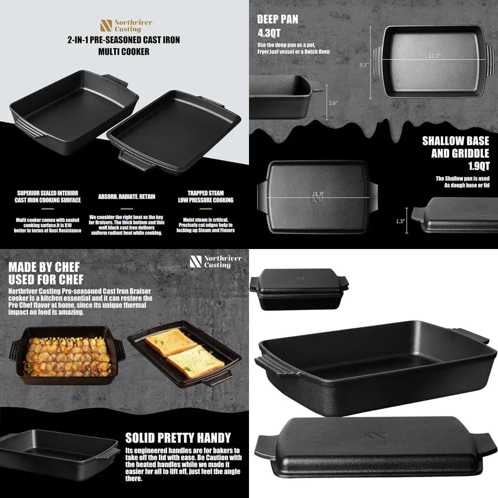 

9x13 6-Quart Pre-Seasoned Cast Iron Dutch Oven with Skillet Lid and Griddle Pan