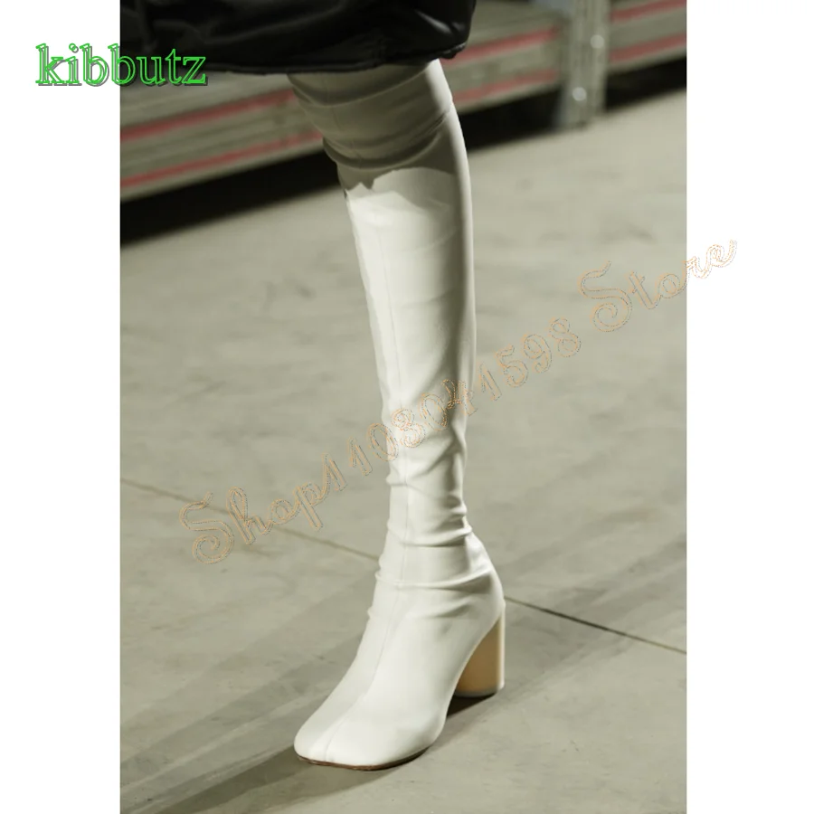 Black Skinny Leather Boots for Women,Round Toe Chunky Heel Over the Knee Boots Retro Party Boots 2023 New Zapatos Para Mujere