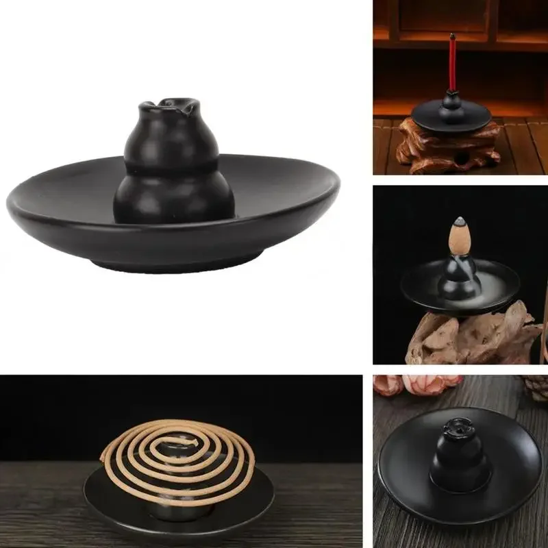 Multipurpose Gourd Shaped Reverse Flow Incense Burner Black Ceramic Gourd Shape Backflow Incense Burner Holder Plate Home Decor