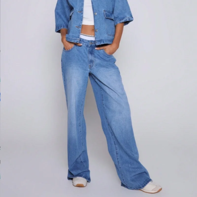 American light blue high waisted wide leg jeans for women in the spring and summer of 2025 loose and slimming  versatile washed
