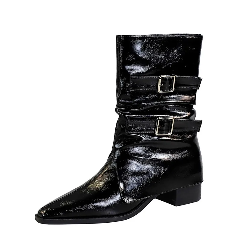 Autumn Winter Fashion Patent Leather Strap Buckle Women Ankle Boot Comfortable Thick High heels Chelsea Modern Short Boots Shoes