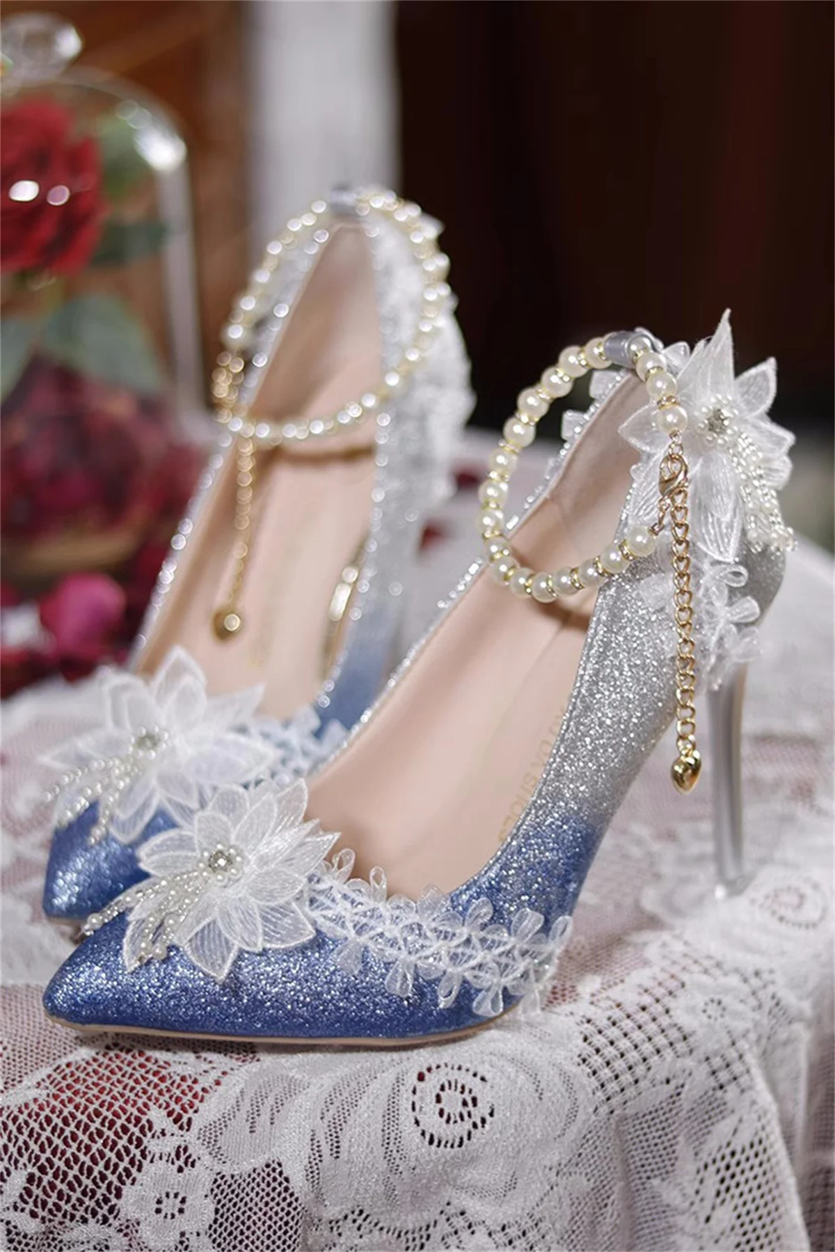 Scarpe da ragazza Vintage eleganti francesi Gradient Starl Sky Flower Pearls nappe sandali a punta eleganti Tea Party 9cm scarpe con tacco alto