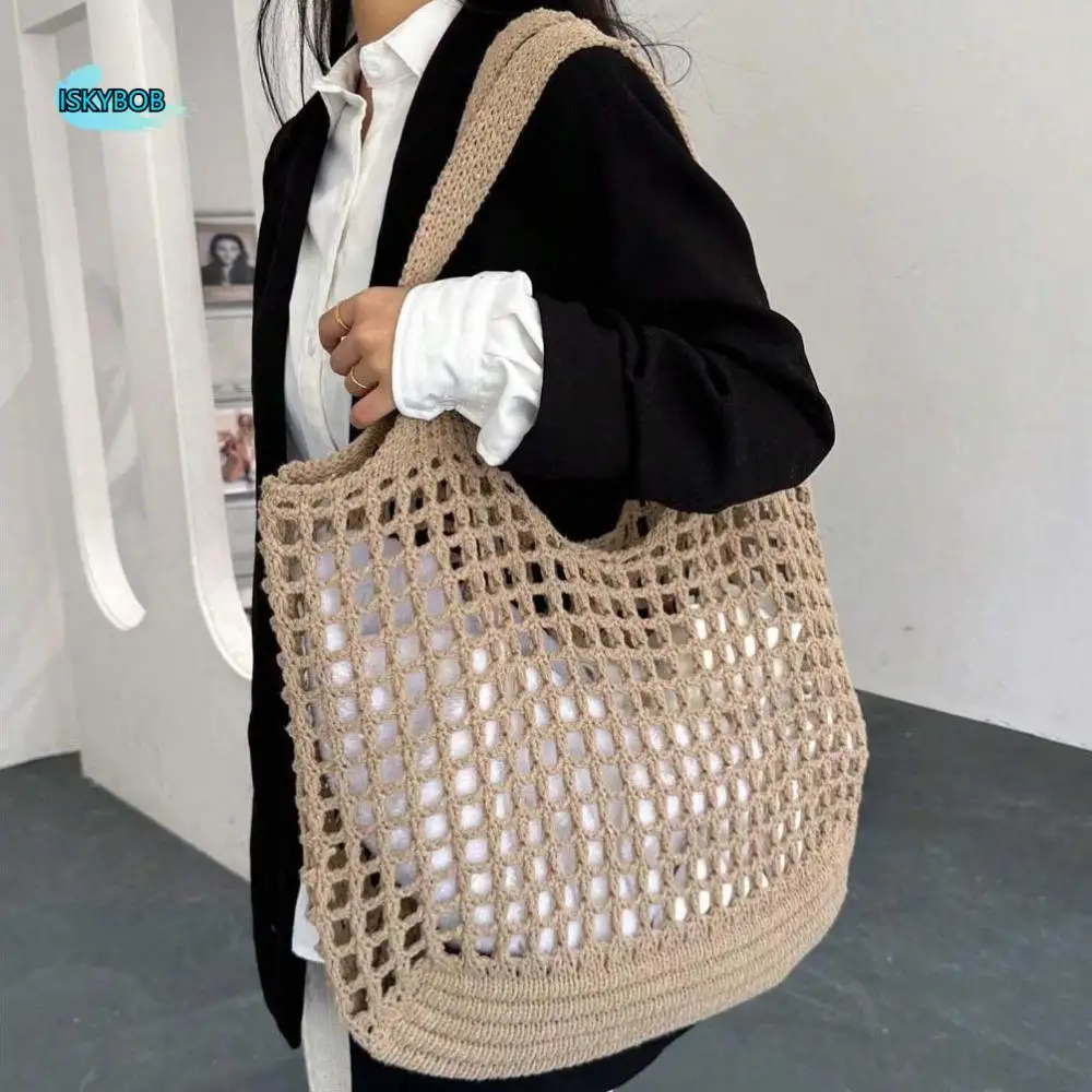 

Printed Sweet Woven Tote Bag Breathable Lightweight Hollow Shoulder Pouch Polyester Apricot Summer Beach Handbag Vacation