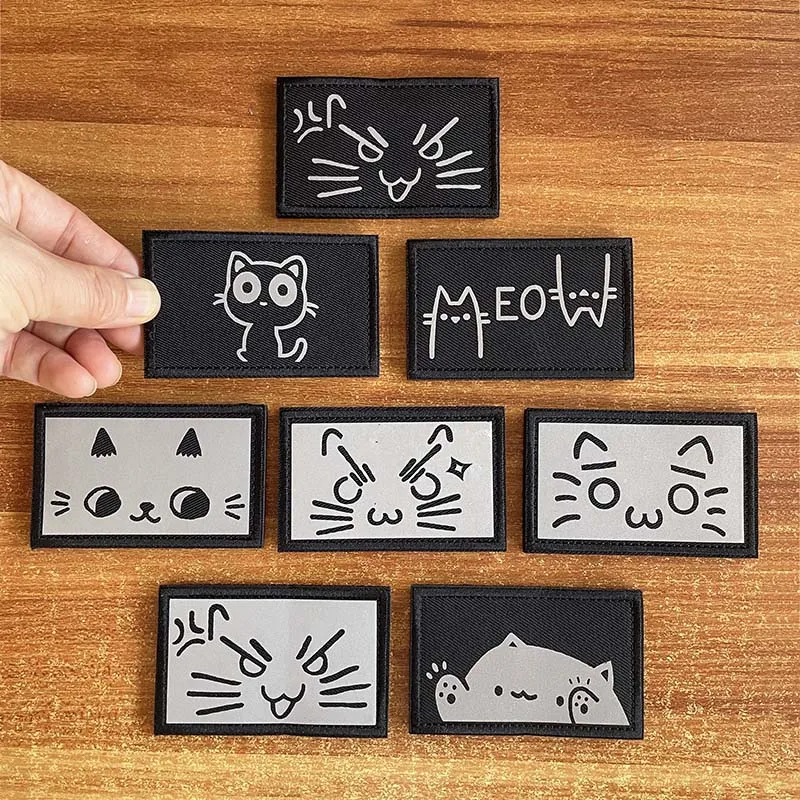 Cartoon Cat Badges Cute Angry Happy Expression,Funny Kitten Meow Emblem Backpack Sticker Clothing Applique IR Reflective Patches