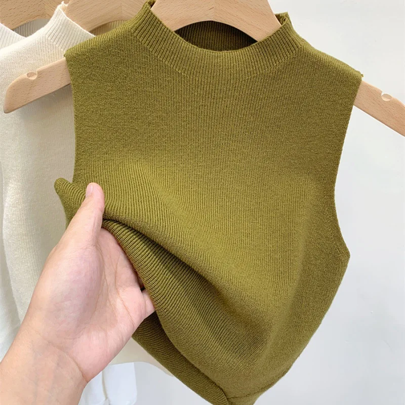 1pcs Spring Summer Women Knitted Tank Tops Girl Thin Tops Basic Casual Tank Tops Half high collar Tees Sleeveless Top For Women