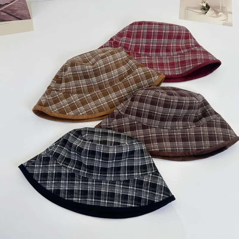 Autumn Winter Plaid Bucket Hat Korean Reversible Double Sided Hat Women Japanese Simple Striped Big Head Circumference Suede