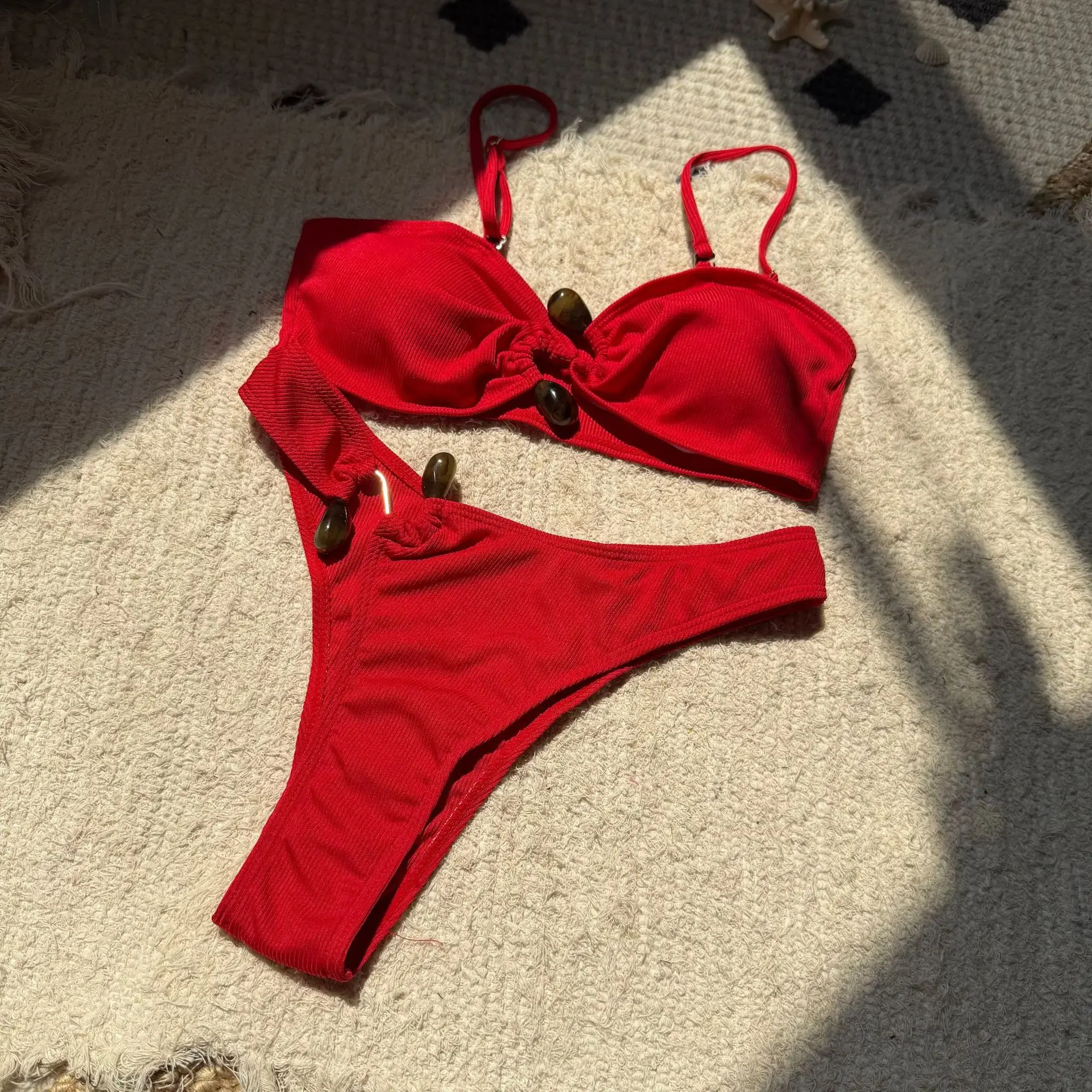 Sexy gerippte, schlichte Bandeau-Bikini-Sets, zweiteilige Badeanzüge mit hoher Taille, Strandmode, Badeanzug, Bademode, Biquini, Tankini