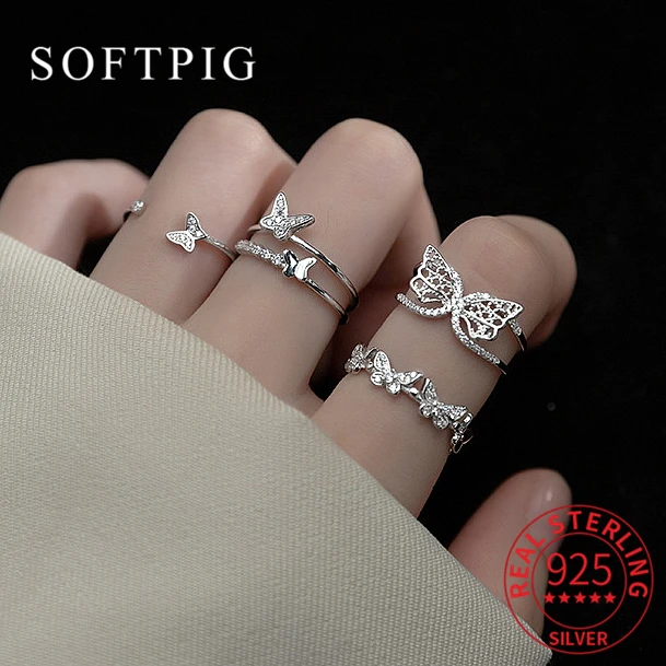 

Женское регулируемое кольцо с бабочкой SOFTPIG, из настоящего серебра 925 пробы с цирконом, модные ювелирные украшения в минималистичном стиле, аксессуары
