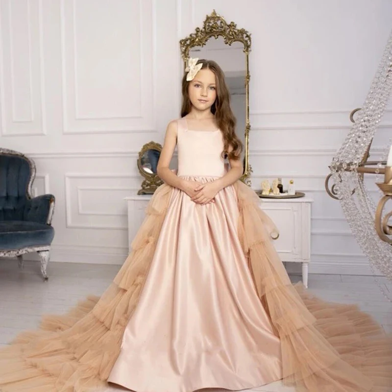 Robe de demoiselle d'honneur champagne pour mariage, nœud en fibre de tulle avec poignées, queue amovible, fête d'anniversaire, boule de première communion, quoi que ce soit