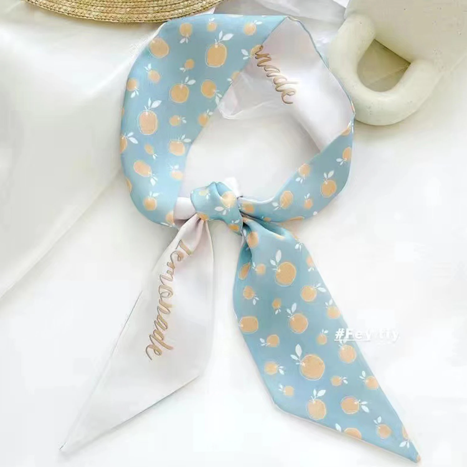 Women Narrow Thin Scarf  Fruit Print Long Silk Scarf Women Handle Bag Ribbon Multi-Function Decorative Neckerchief Hair Tie Band