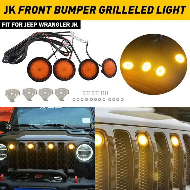 4PCS Front Grill Amber Grille Lights Yellow Lights Lamp For Jeep Wrangler JK 2007-2017