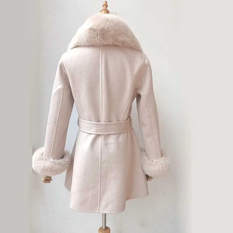 2023 Spring Women Brown Wool Blended Coat With Real Fox Fur Collar With Belt Slim Female Wool Jacket With Genuine Fur Cuff