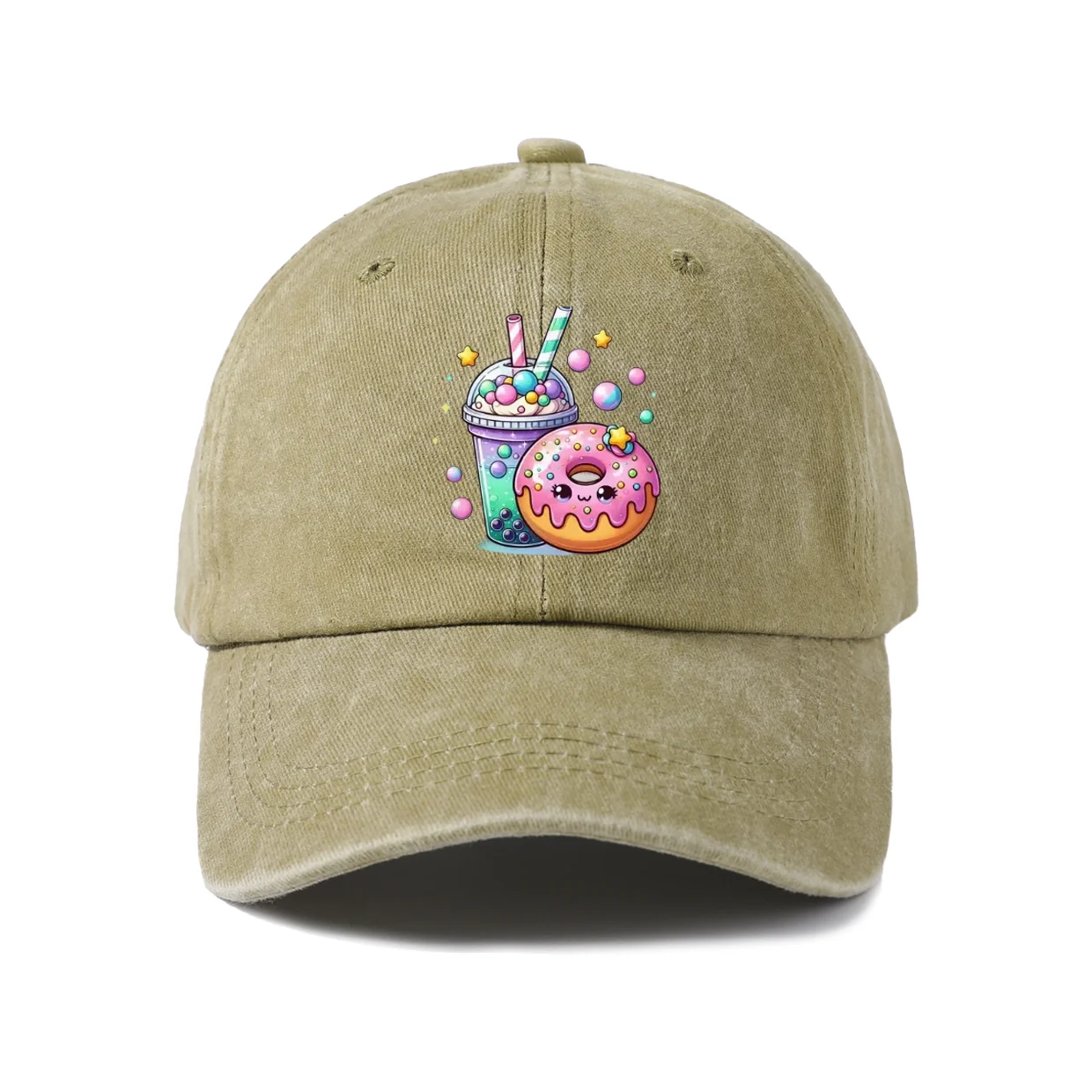 Playful Bunny Donut Graphic Baseball Cap, Vintage Washed Adjustable Unisex Dad Hat, Everyday Gift