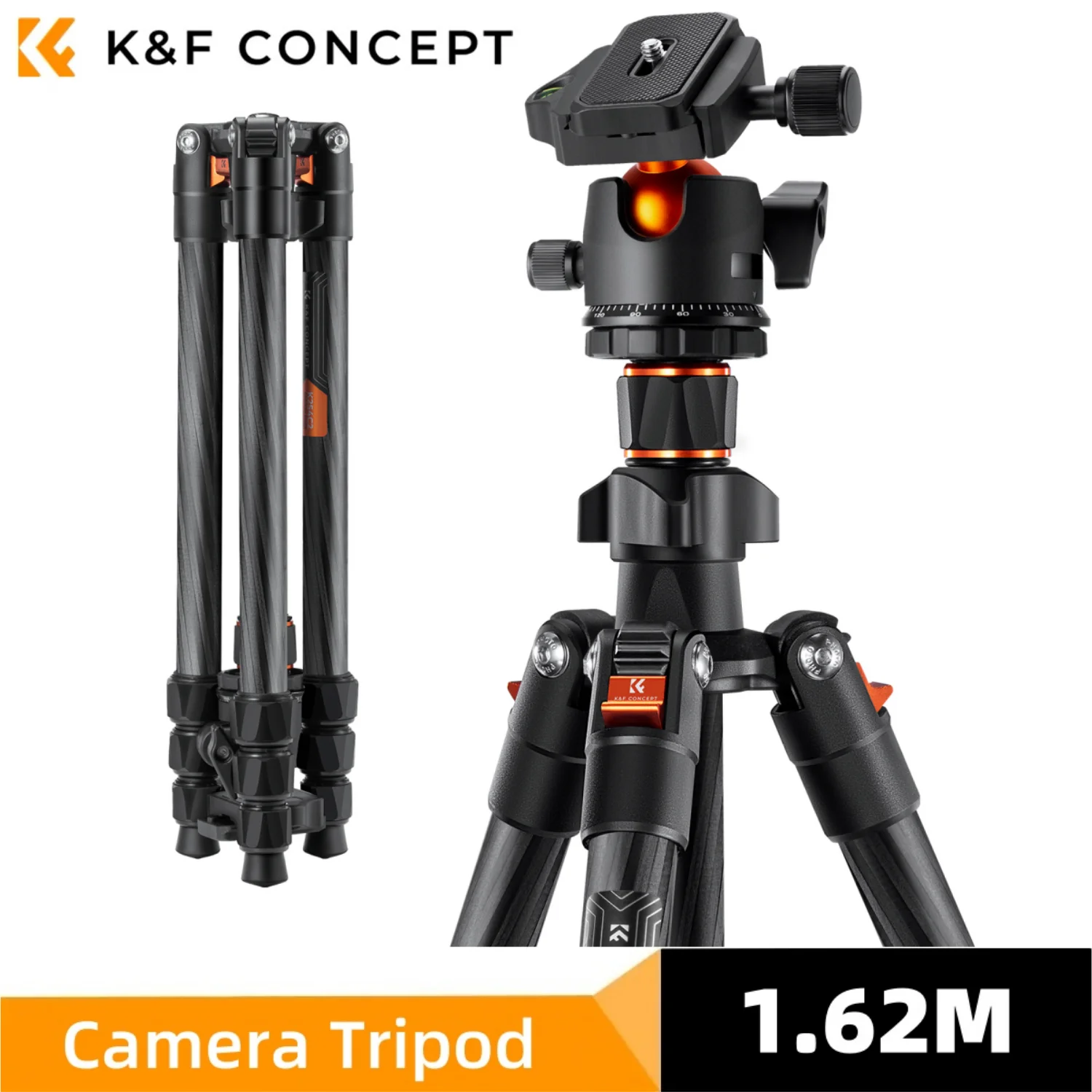 K&F Concept 64 inch/162cm Carbon Fiber Camera Tripod Lightweight Travel Tripod with 36mm Metal Ball Head Quick Release Plate