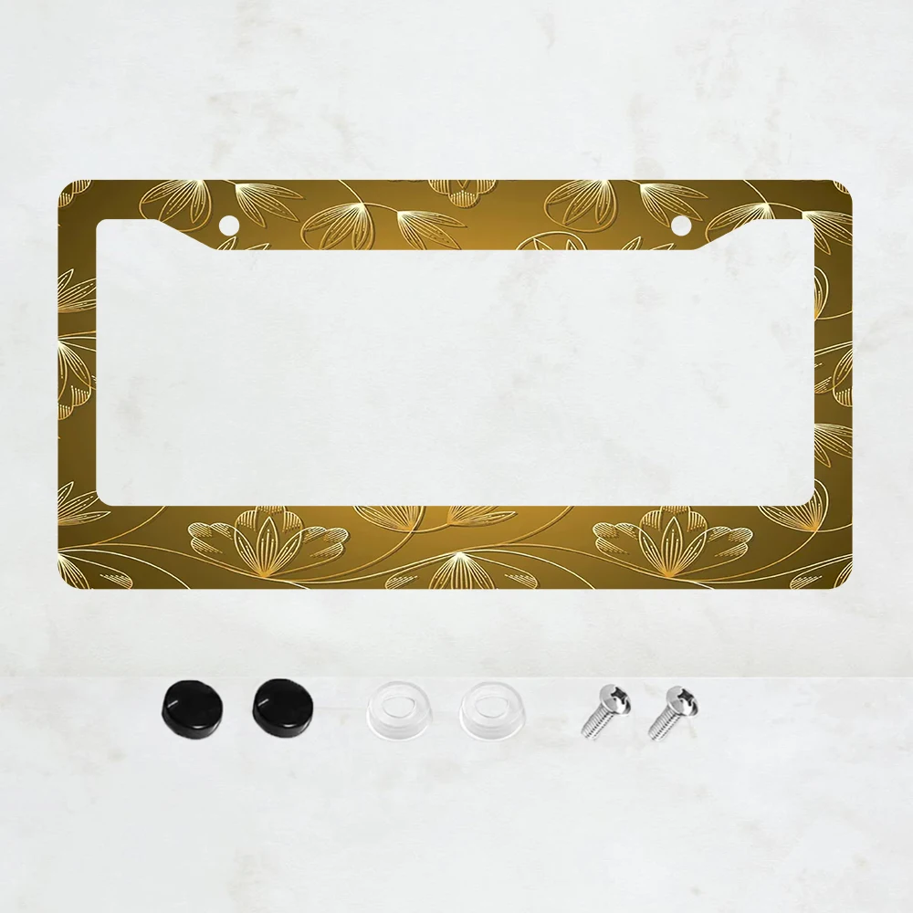 

metal license plate frame with a gold edged silver rose design, measuring 6 x12 inches, suitable for decorative novelty