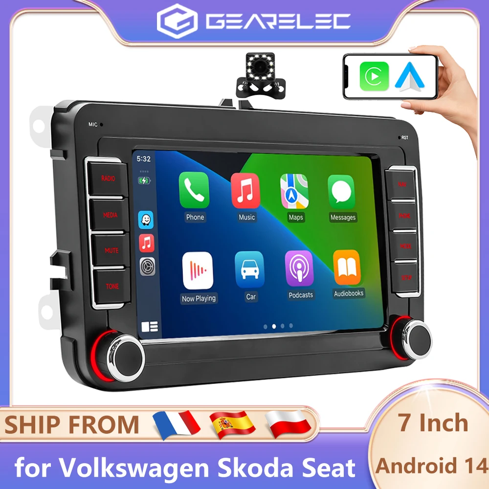 Image of GEARELEC 2 DIN Autoradio mit Carplay für VW Volkswagen Skoda Octavia Golf 5 6 Touran Passat B6 Polo Jetta Android 14 2 Din Multimedia-Player Android Auto Autoradio