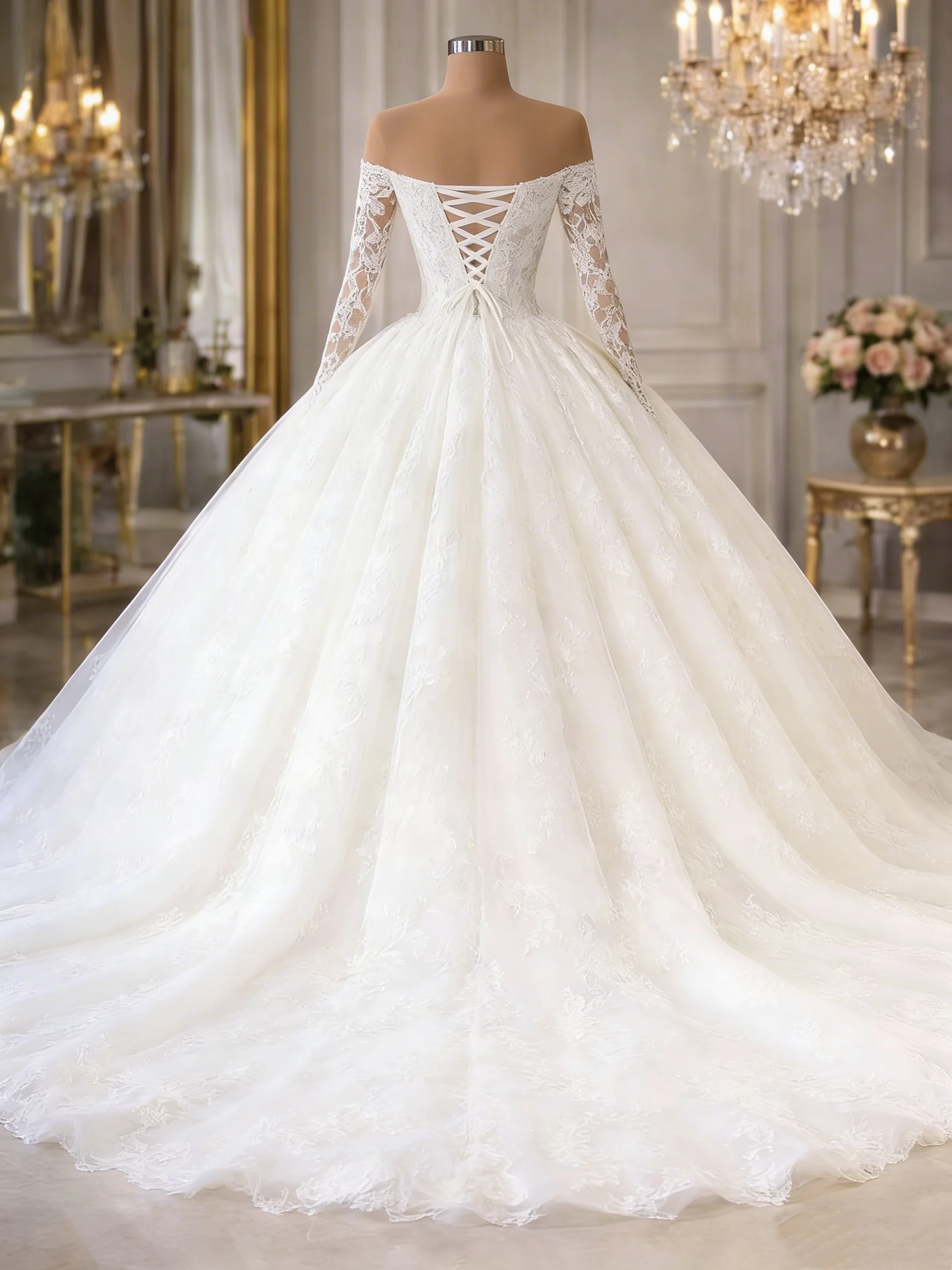 Customized Elegant Silky Lace V-Neck Full Sleeve Ball Gown Wedding Dresses Beading Pearls Brown Skin Bridal Gowns