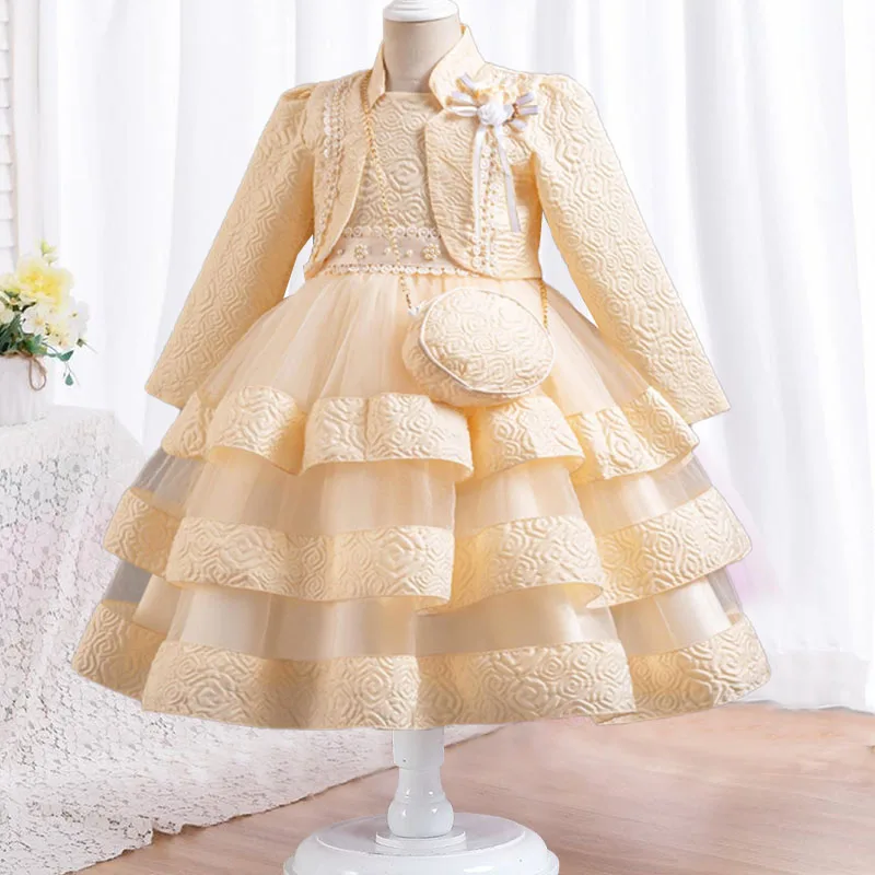 New Girls\' Jacquard Pattern Dress three Piece Gorgeous Christmas Performance Dress Autumn Girls\' Party Prom 3-10 Years Old