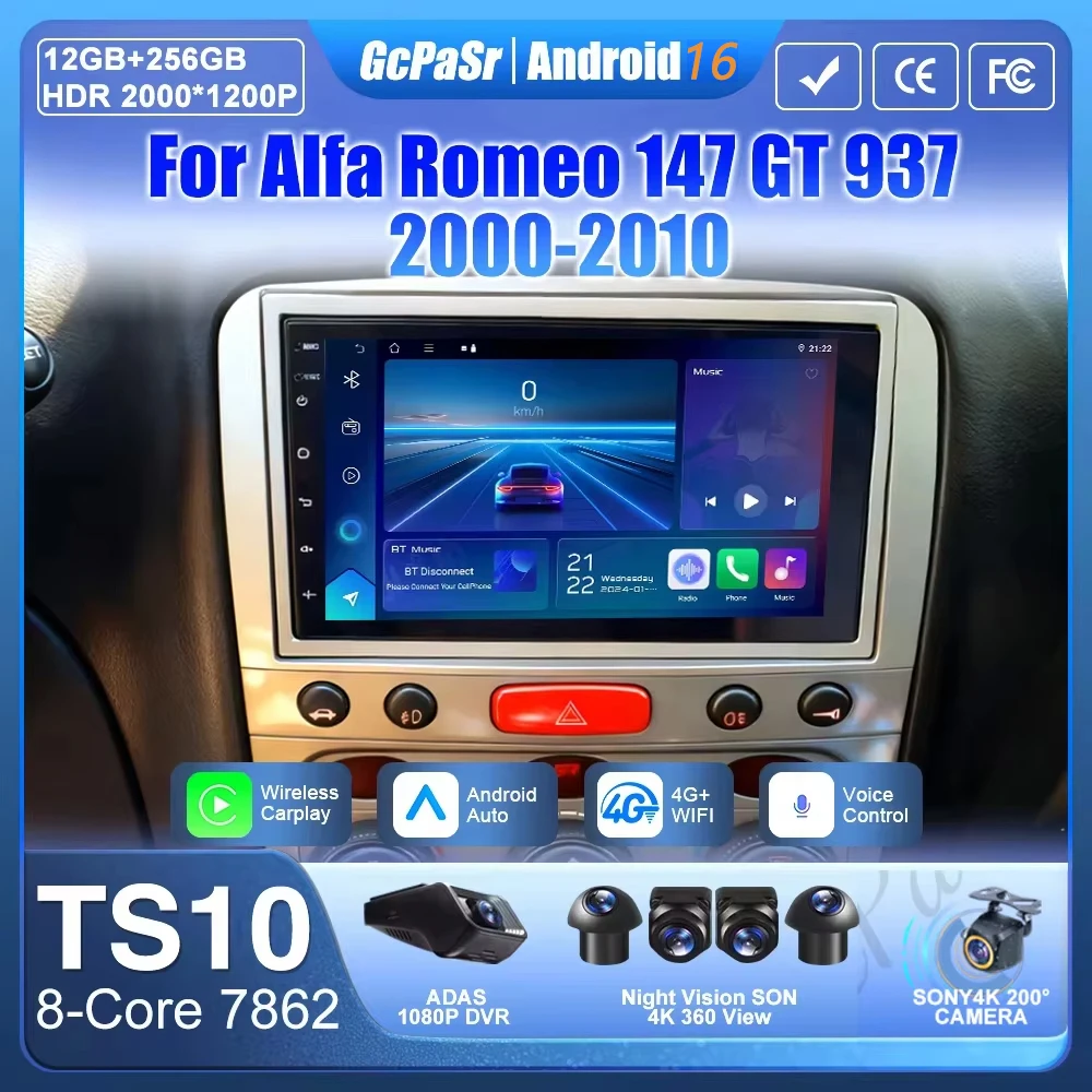 Android 16 Carplay For Alfa Romeo 147 GT 937 2000-2010 GPS Navigation Video Car Radio GPS Automotive Multimedia Car Monitor DVD