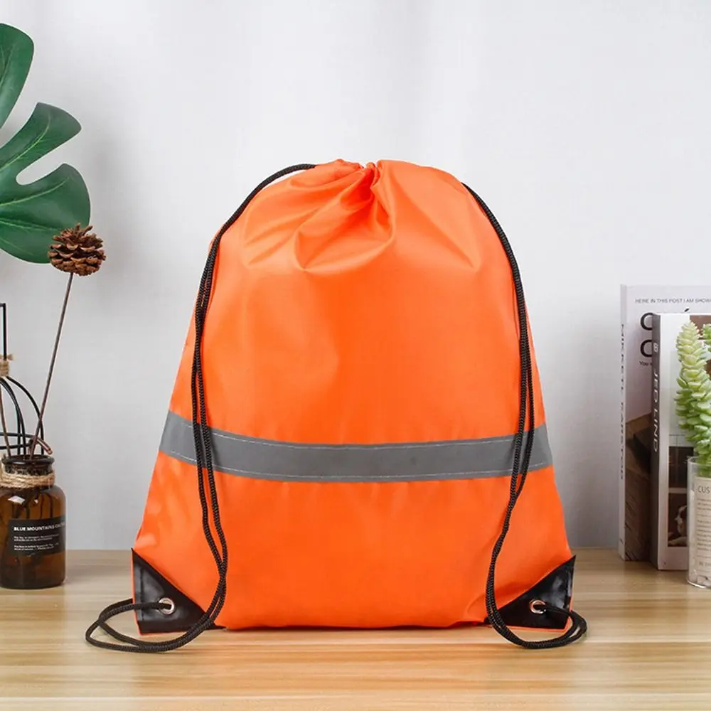 Reflective Stripe Drawstring Gym Backpack Waterproof 210D Polyester Nylon Sports Shoulder Bag Foldable Solid Color