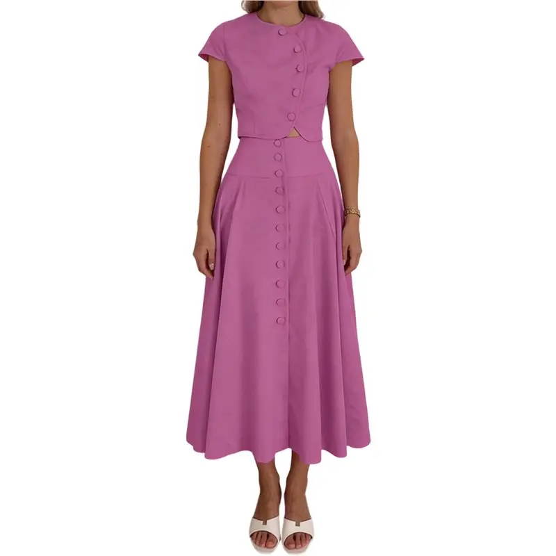 

CYL-Women's 2 Piece Skirt Sets Summer Short Sleeve Top Flowy Long Skirts Travel Vacation Outfits