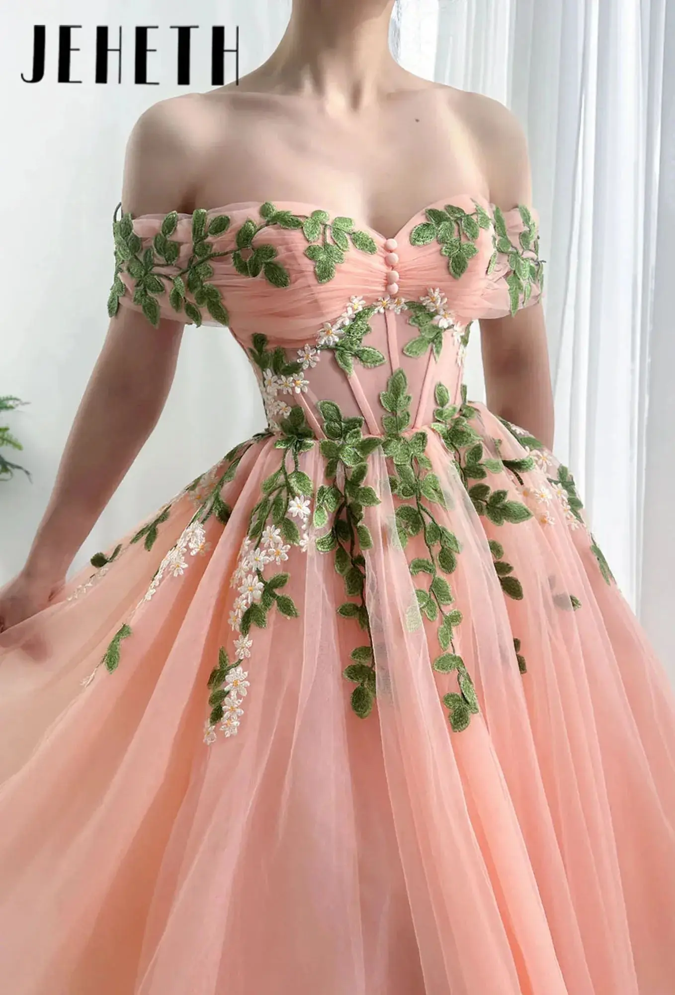 

Floral Sweetheart Off the Shoulder A-line Prom Dress Back Lace up Tiered Evening Dress Ankle-Length Homecoming Gowns Customized
